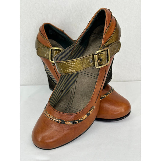 Bobbi Blu Spruce Anthropologie Patchwork Heel Brown Leather Mary Jane Heels 6.5M