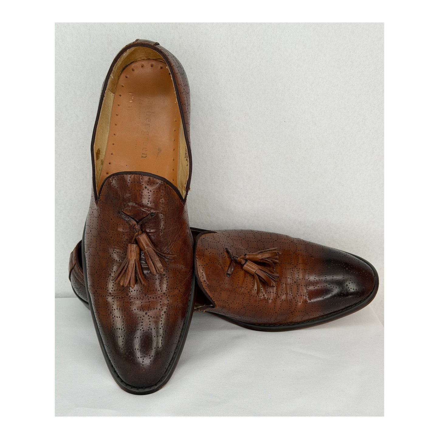 Asher Green Hand Made Brown Leather Tassel Slip On Dress Loafers 8.5