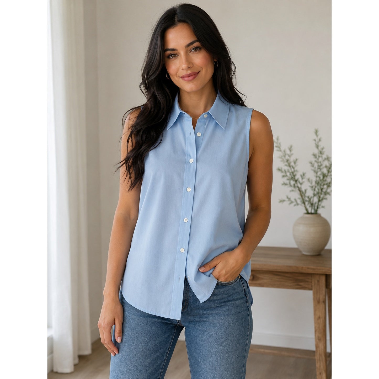 Lauren Ralph Lauren Pale Blue Sleeveless Button Down Top Women's 2