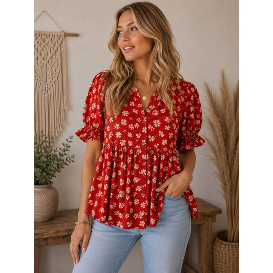 Madewell Orange w/ White Floral Print Peplum Button Up Blouse Women's M
