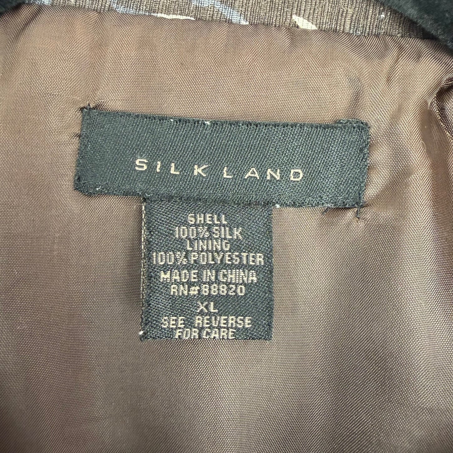 Silk Land Brown Leaf Patterned 100% Silk Button Up 3/4 Sleeve Jacket Blazer XL