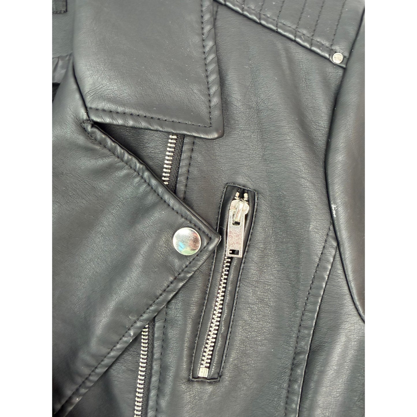 Fahsyee Black Vegan Leather Moto Biker Jacket Roses and Till Death L