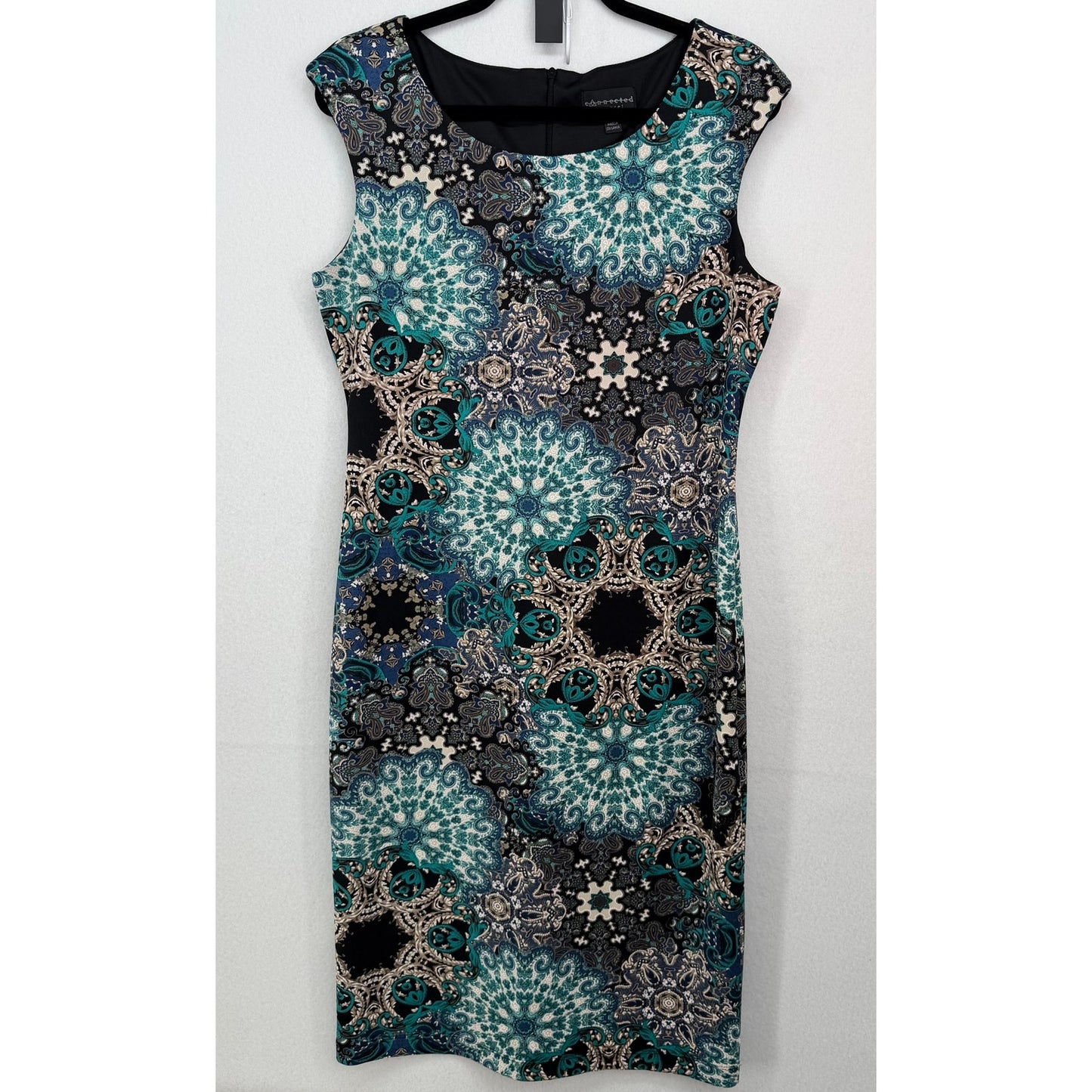 Connected Apparel Teal Black Cream Print Sleeveless Midi Length Dress 12