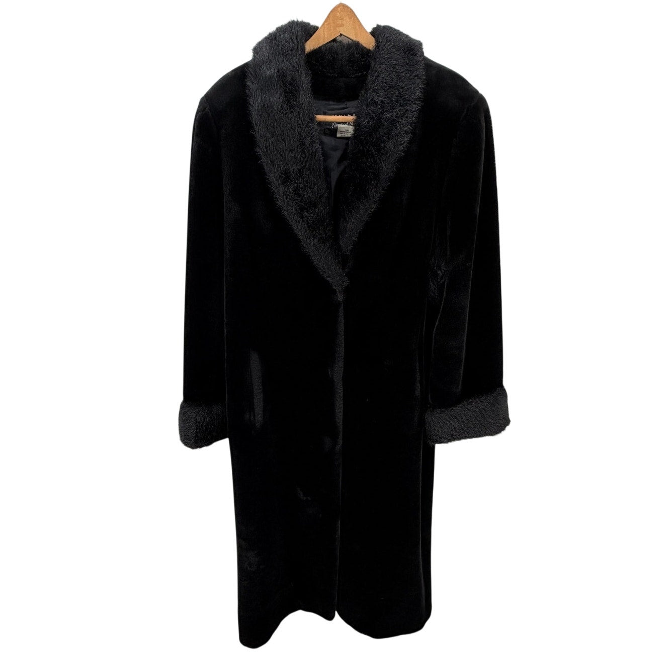 Olympia Limited Inc Black Faux Fur Long Coat Pockets Fully Lined 3 Clasp Closure L