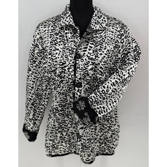 Chicos Pagoda Asian Black White Silk Blend Reversible Embroidered Jacket  4 XXL/20