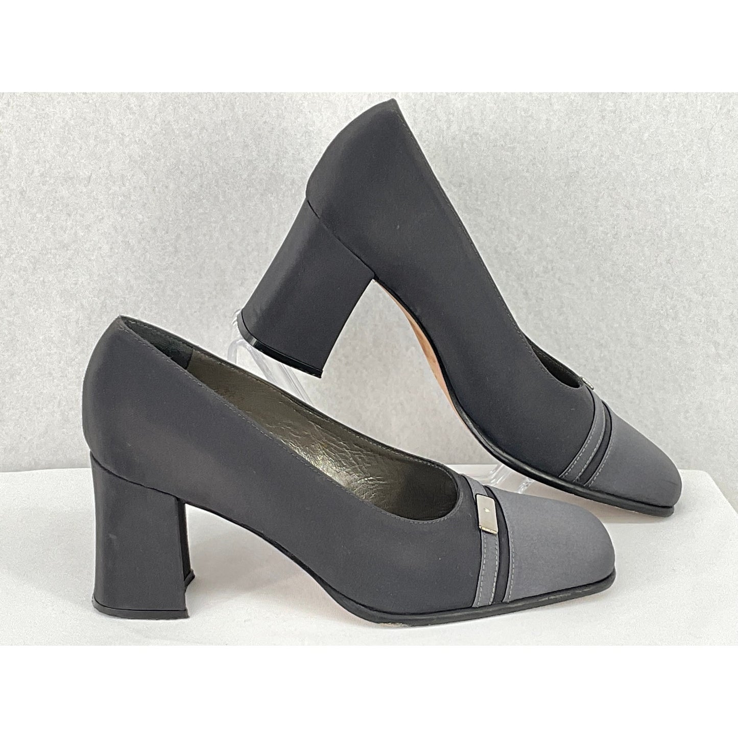 Raphael Sarti Gray Square Toe Satin Block Heel Pumps 7M