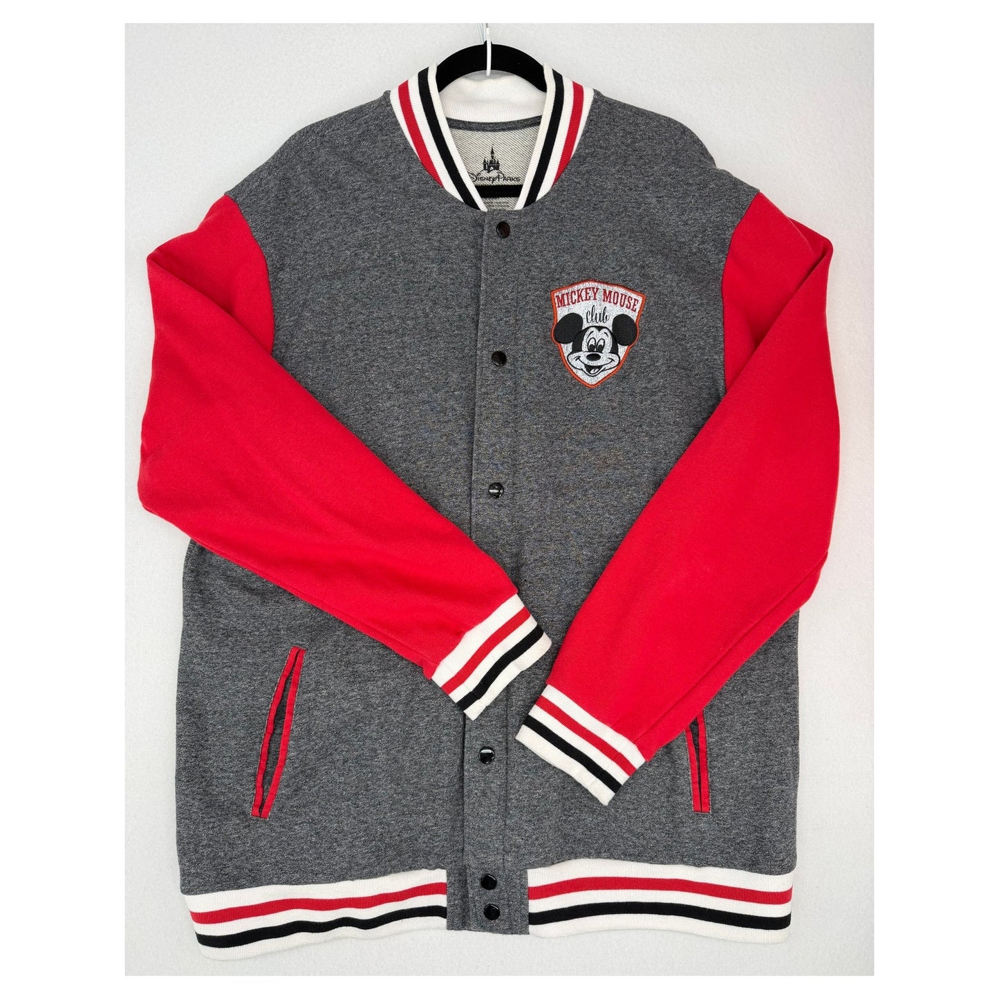 Disney Parks Mickey Mouse Club Jacket  Gray Red Varsity Snap Mens XL
