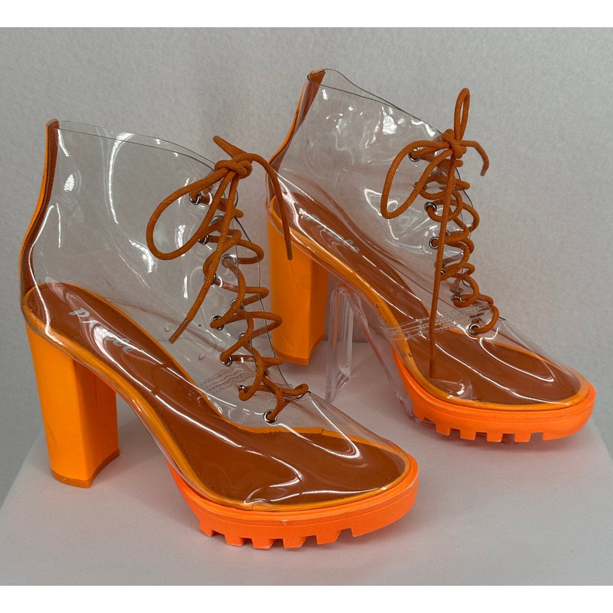 Pazzle Clear Lace Up Chunky Lug Neon Orange Sole Boots 9