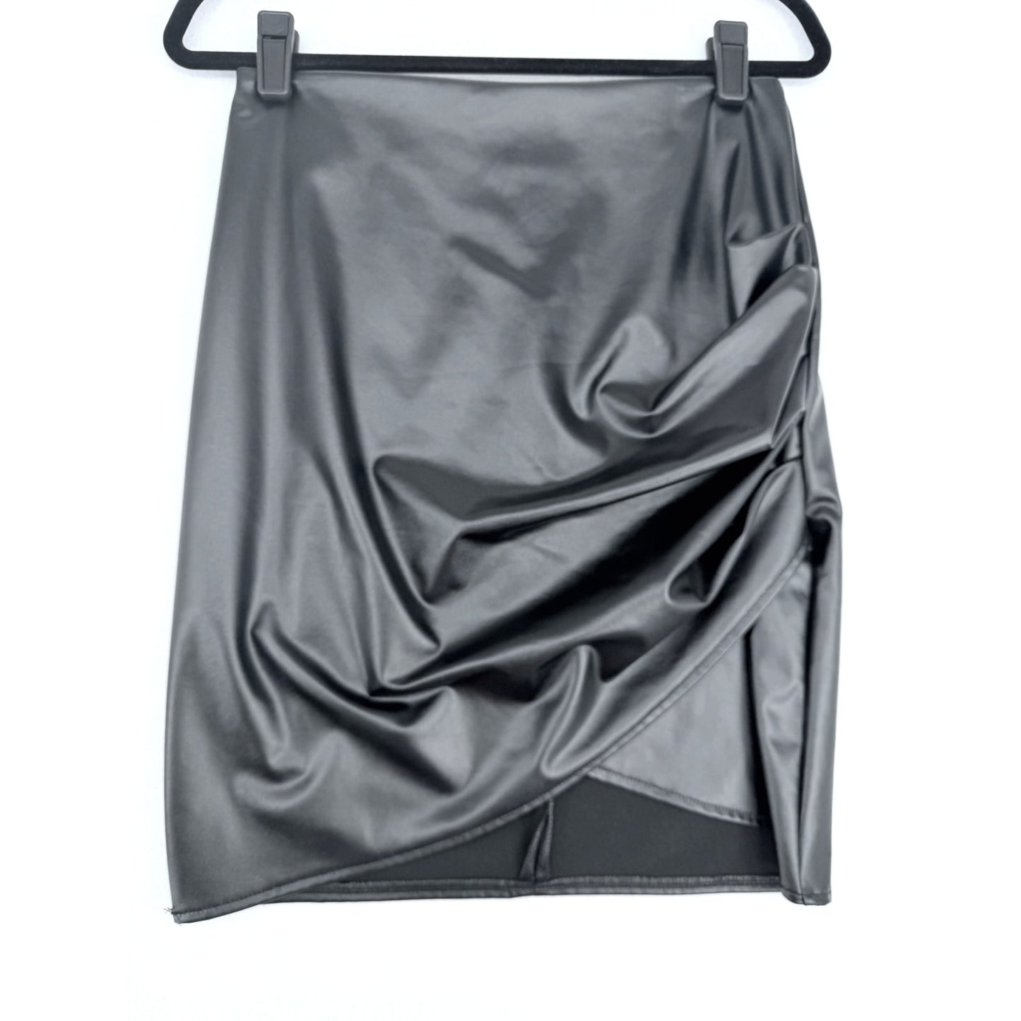 Black Left-Side Runch Vegan Faux PU Bodycon Pencil Leather Skirt L