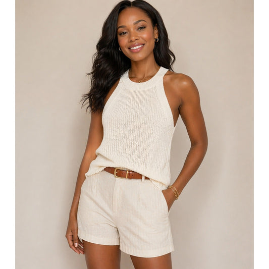 La Miel White Knit Halter Tank Sleeveless Minimalist Boho Beach Stretch Top L