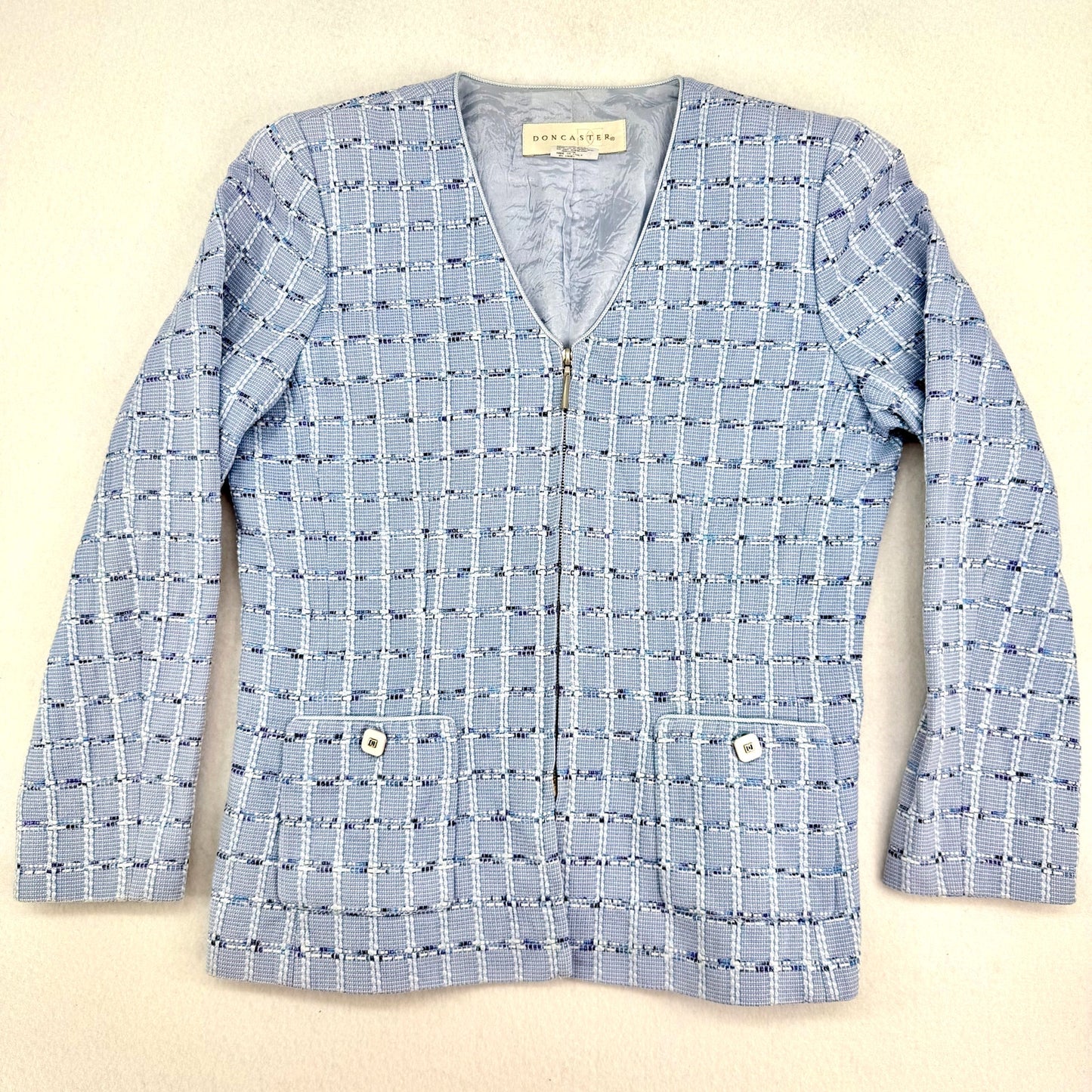 Doncaster Vintage Light Blue Tweed Plaid Business Summer Party Pattern Jacket 8