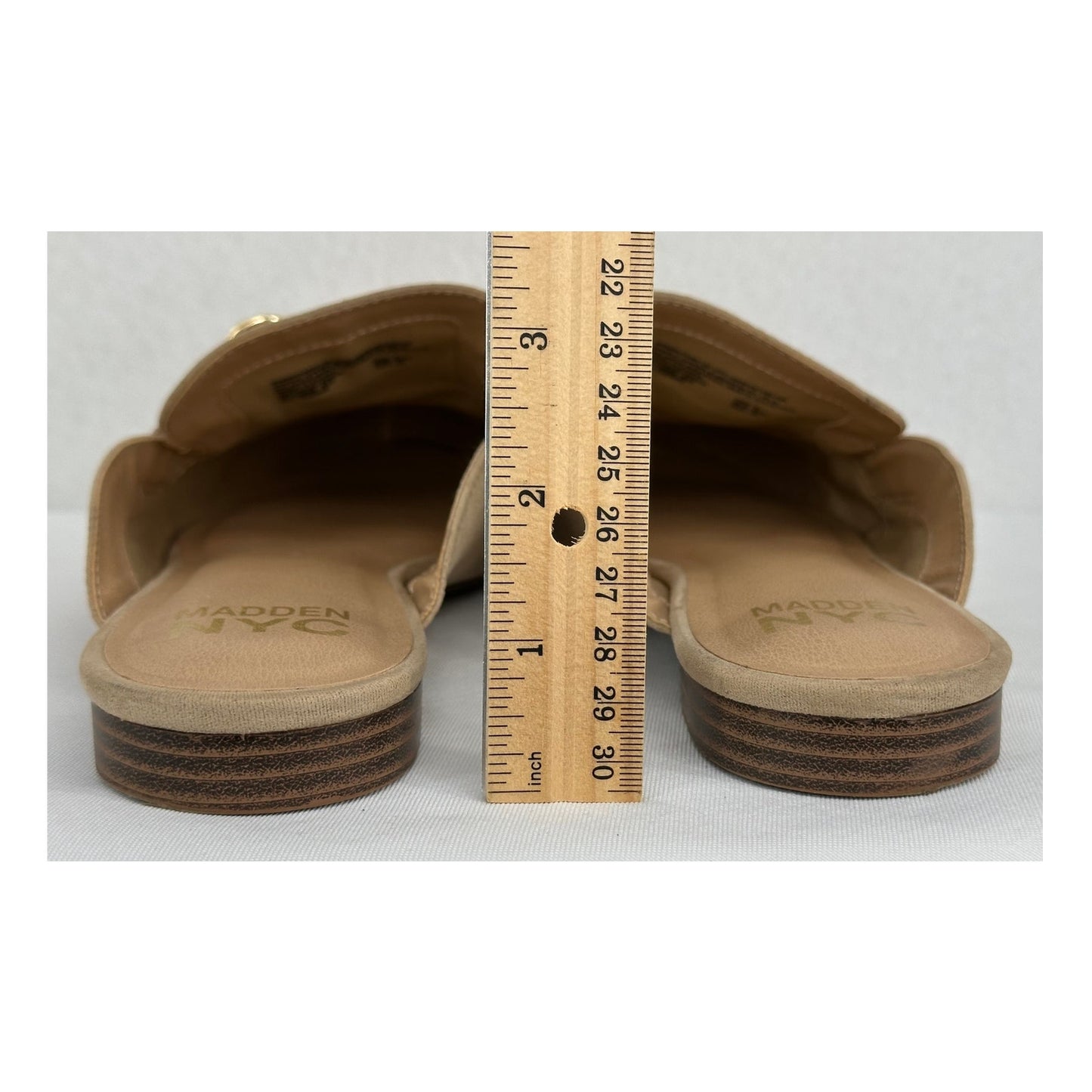Madden NYC Mule Slip On Flats Tan with Gold Chain Accent 9