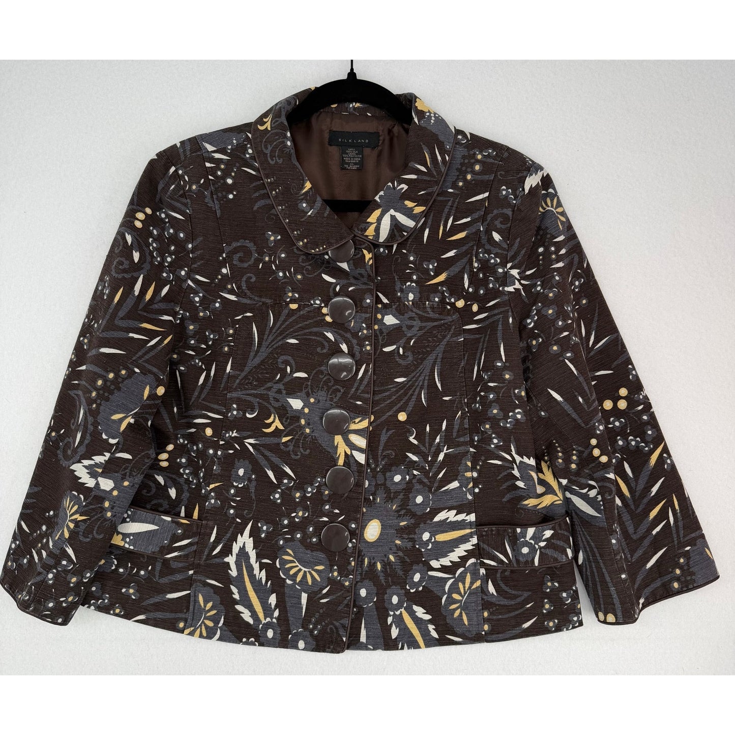 Silk Land Brown Leaf Patterned 100% Silk Button Up 3/4 Sleeve Jacket Blazer XL