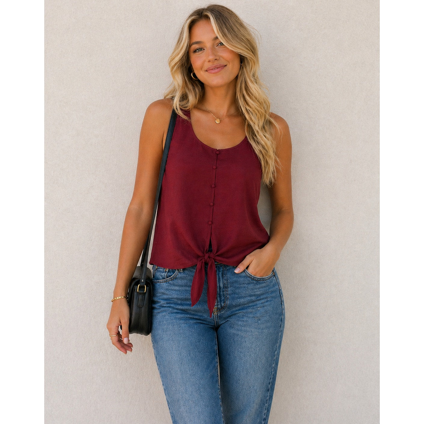 A New Day Womens Burgundy Sleeveless Tank Top Tie-Front Date Night Casual Top M