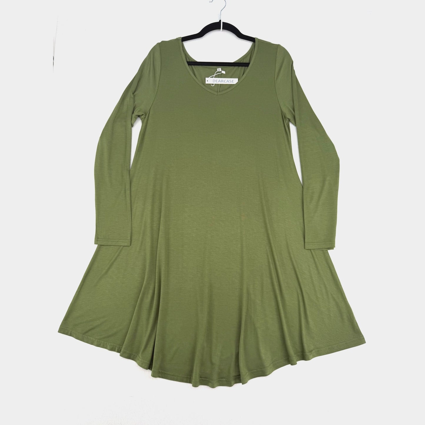 Dearcase Olive Green V Neck Jersey Knit T-shirt Long Sleeve Swing Dress NWT XL