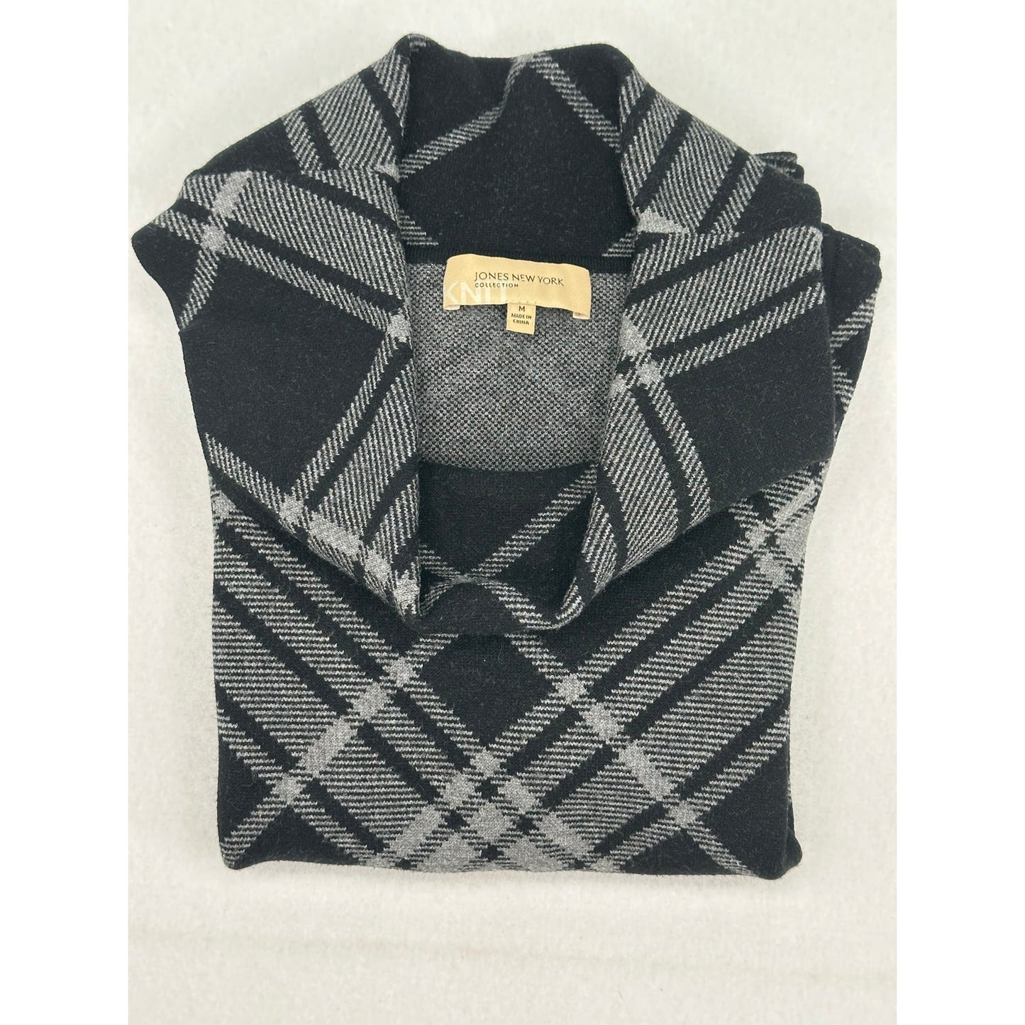 Jones New York Collection Black Gray Plaid Cowl Neck Sweater M