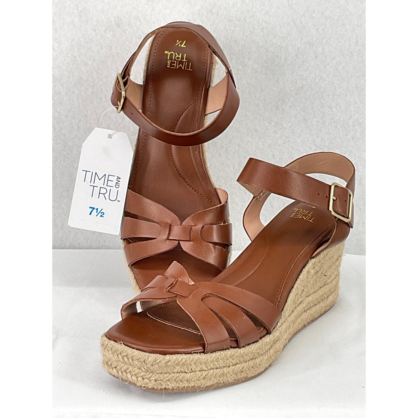 Time and Tru Cognac Espadrilles Ankle Strap Memory Foam Wedges NWT 7.5