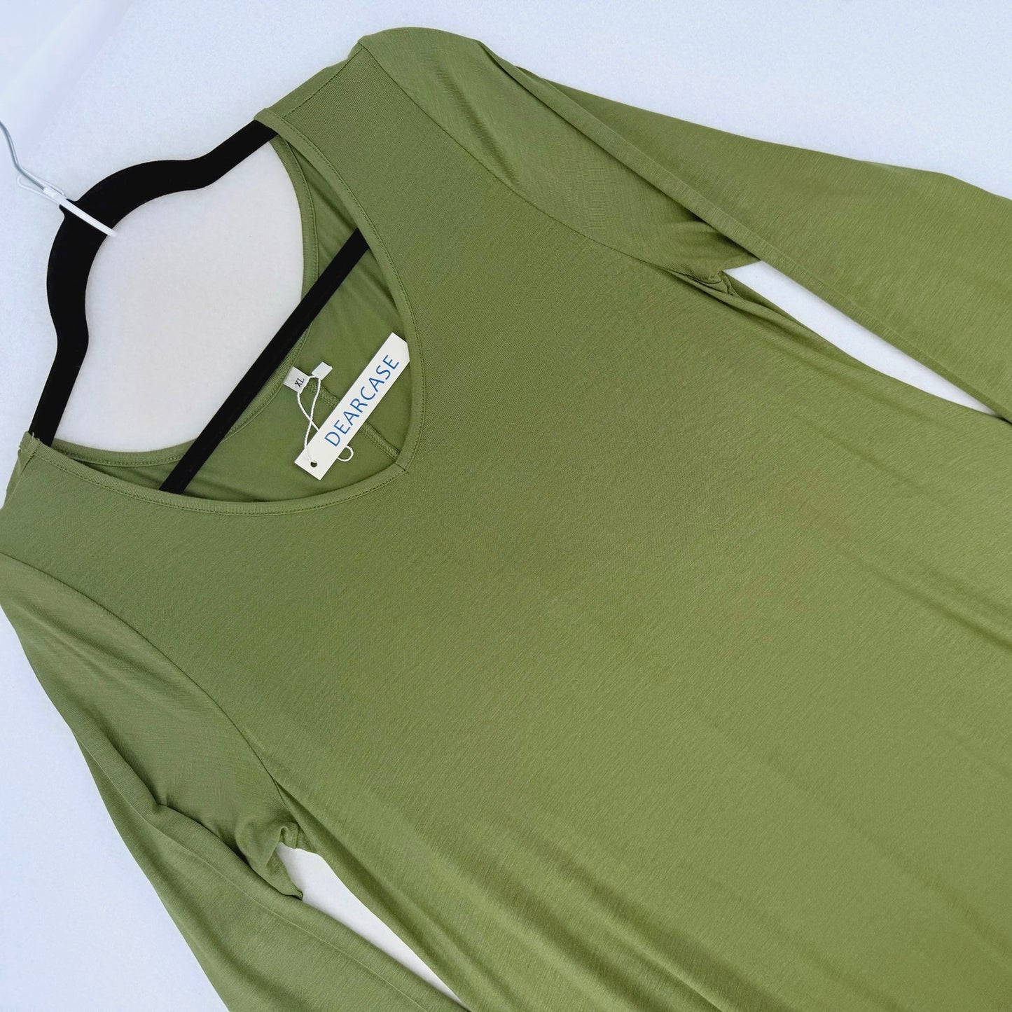 Dearcase Olive Green V Neck Jersey Knit T-shirt Long Sleeve Swing Dress NWT XL