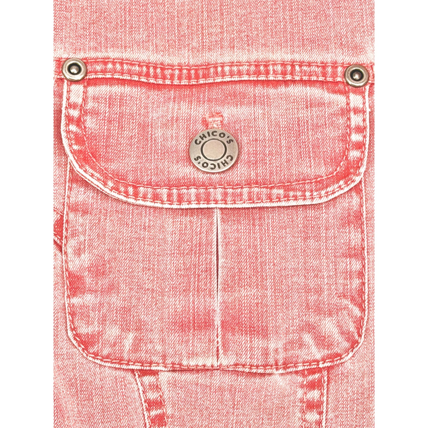Chico's Red Coral Wash Stretch Open Front Jean Denim Trucker Jacket 0