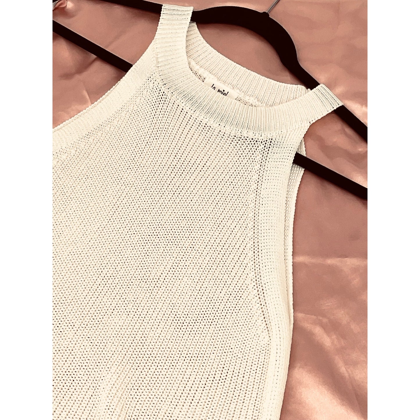 La Miel White Knit Halter Tank Sleeveless Minimalist Boho Beach Stretch Top L
