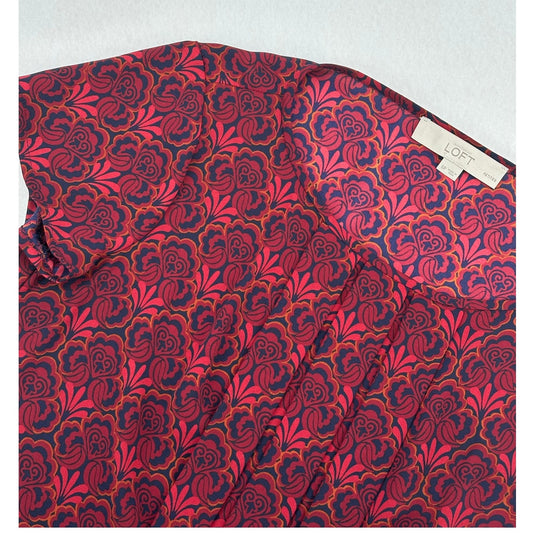 Loft Petites Red Burgundy Floral Design Round Neck Pleated Front Cap Sleeve Top SP