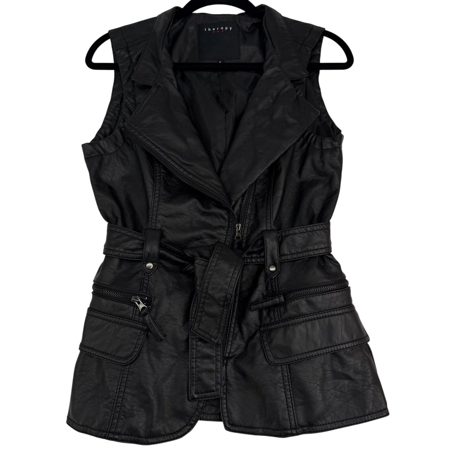 Therapy Black Moto Vegan Leather Belted Pockets Asymmetric Zip  Vest Edgy Goth M