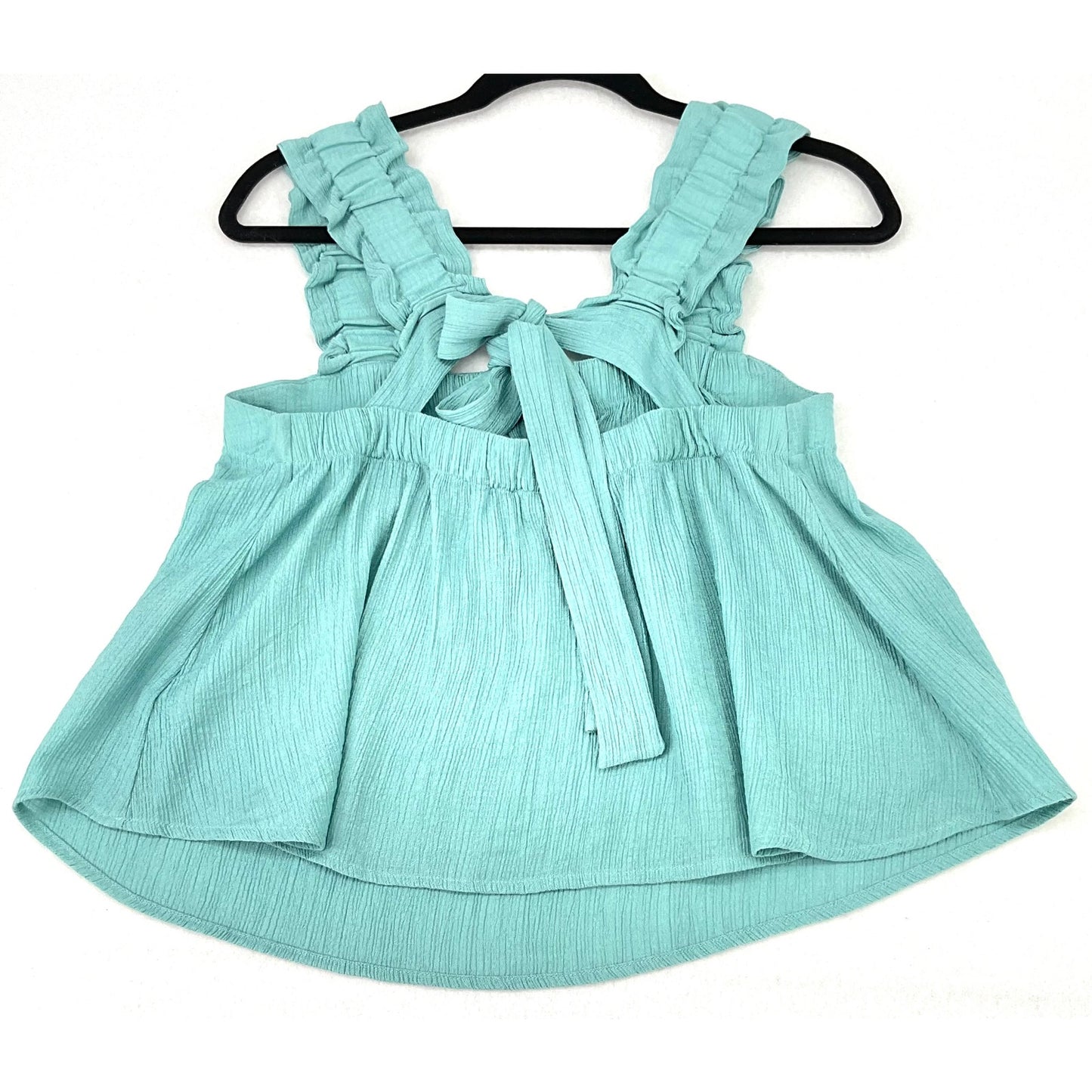 E & M Teal Gauze Ruffle Straps Back Bow Tie Vacation Cottage Summer Tank Top L