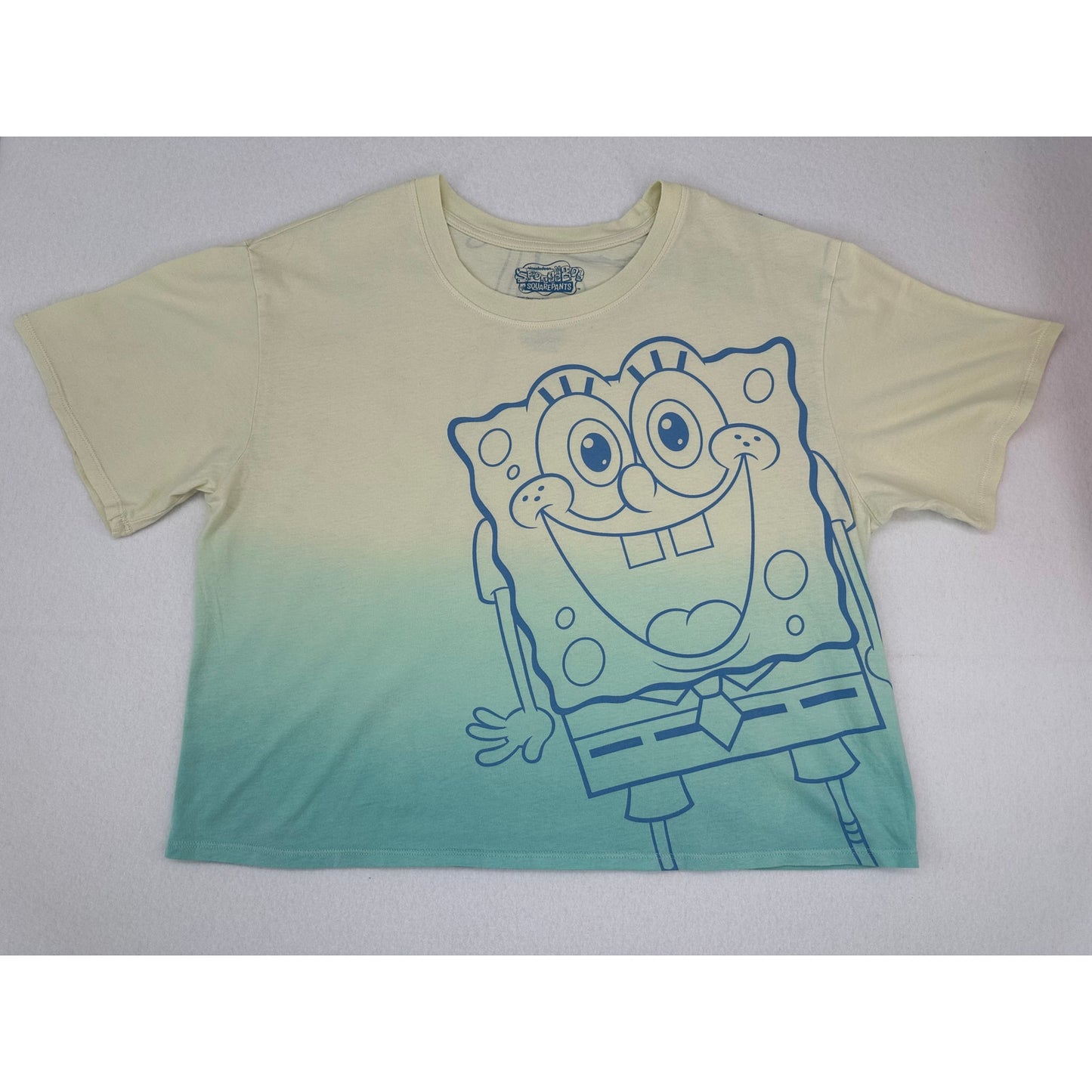 Nickelodeon Sponge Bob Square Pants Yellow Teal Ombre Crop T Shirt XL