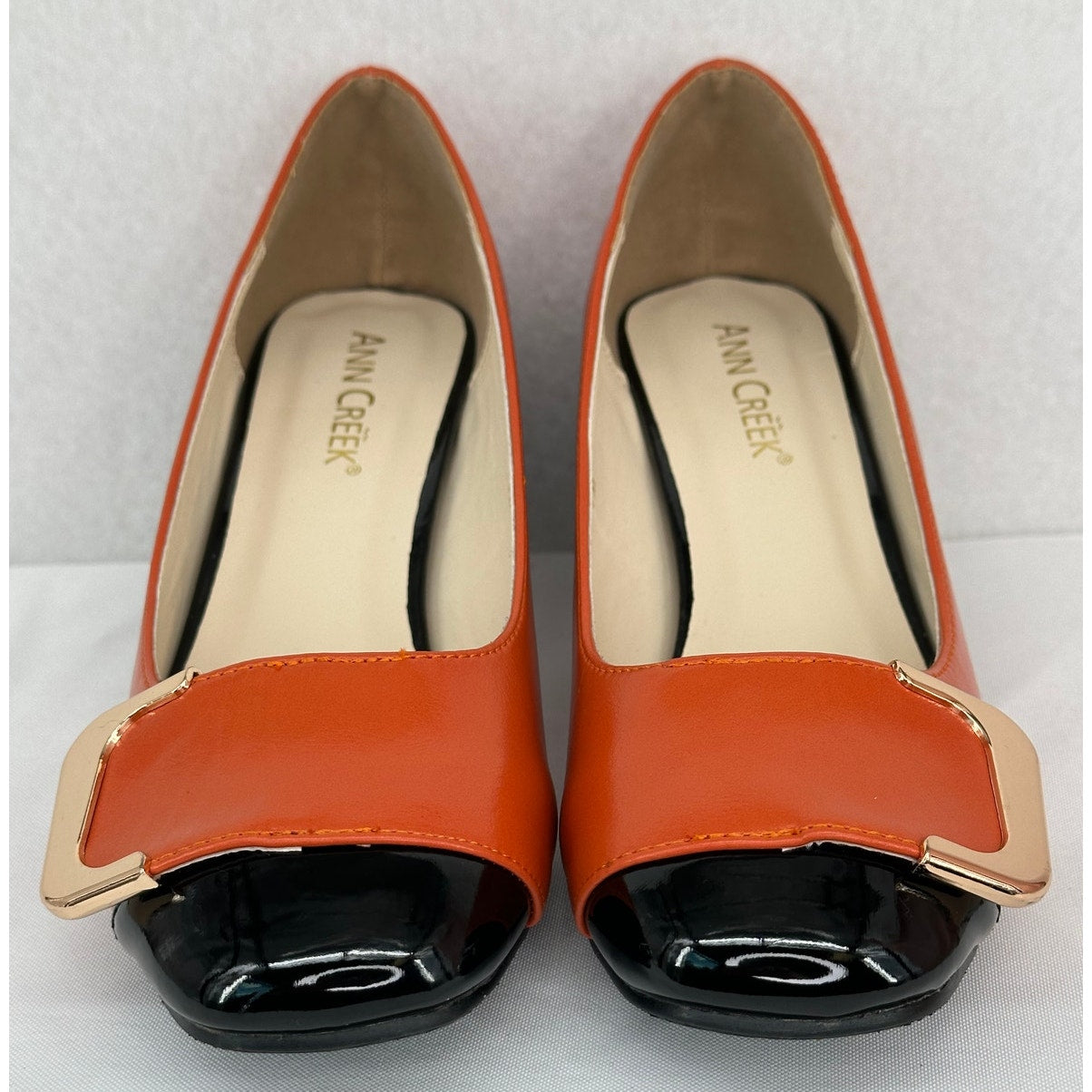 Ann Creek NWOT Angela Orange Black Square Toe Chunky Heel Pumps 7M