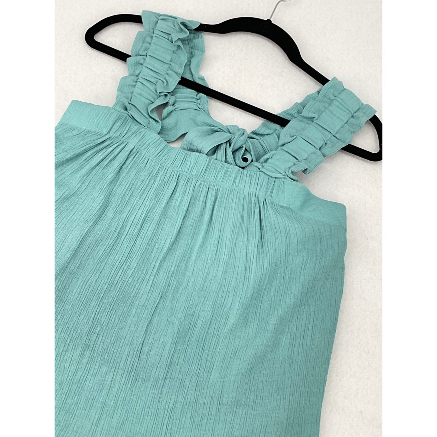E & M Teal Gauze Ruffle Straps Back Bow Tie Vacation Cottage Summer Tank Top L