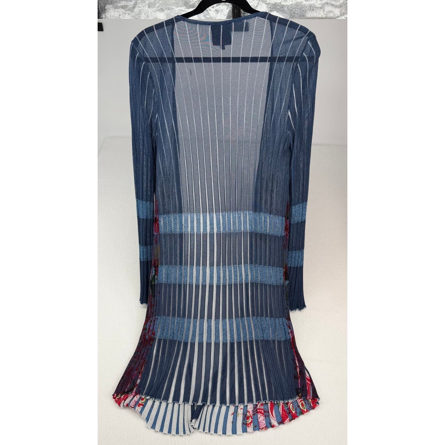 Desigual Blue Red White Pleated Open Front Cardigan Lightweight Sweater XL