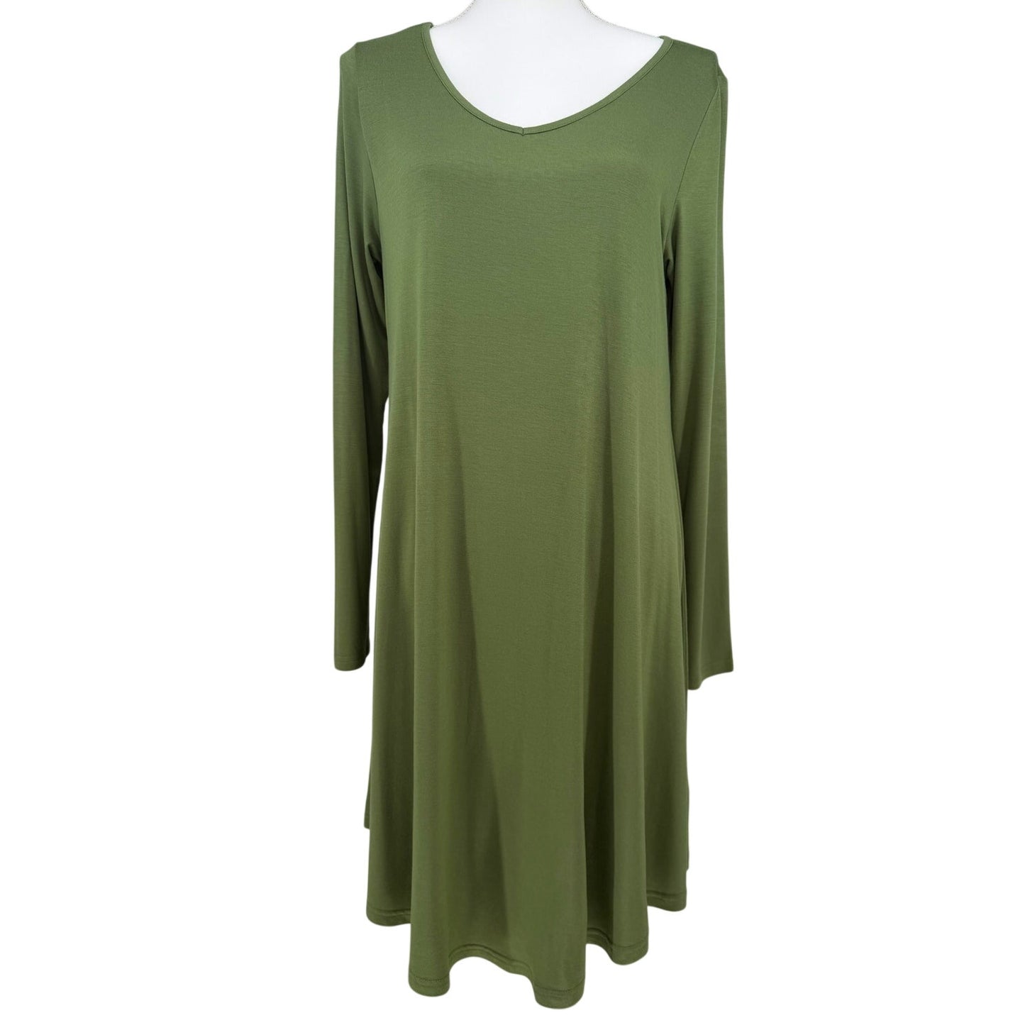 Dearcase Olive Green V Neck Jersey Knit T-shirt Long Sleeve Swing Dress NWT XL