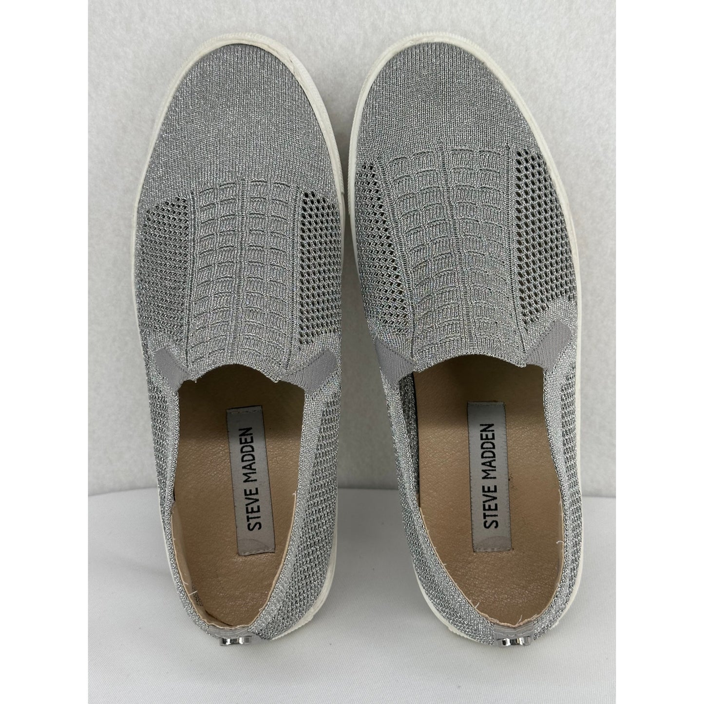 Steve Madden Freeda Stretch Knit Metallic Silver Slip On Sneakers 8.5
