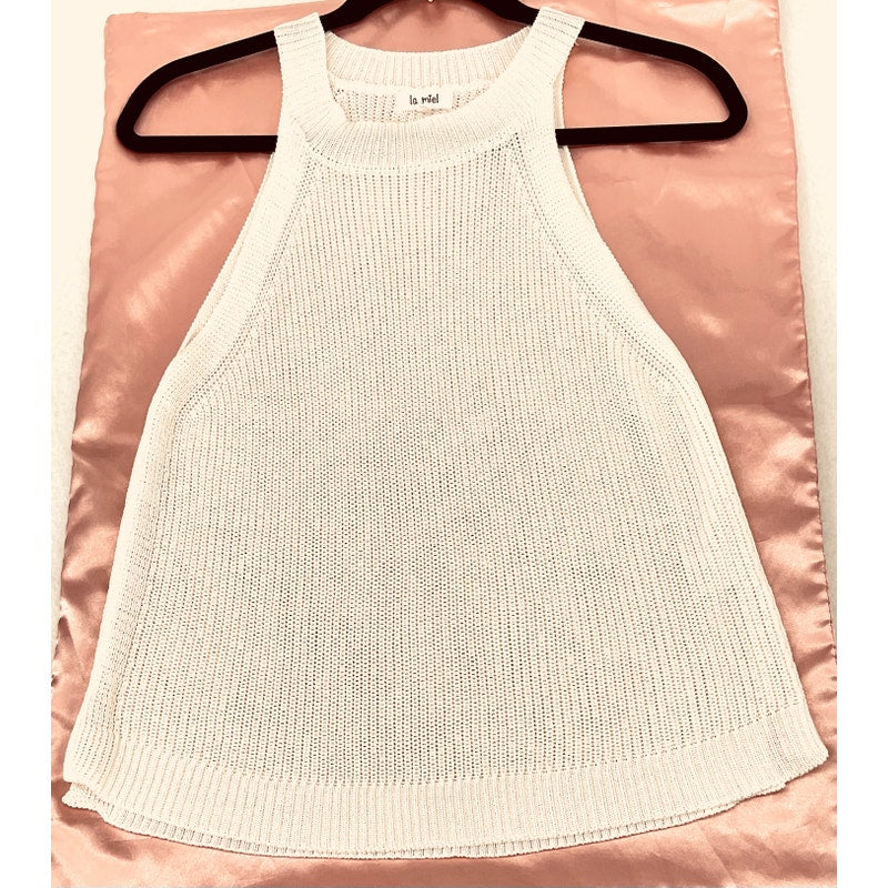 La Miel White Knit Halter Tank Sleeveless Minimalist Boho Beach Stretch Top L