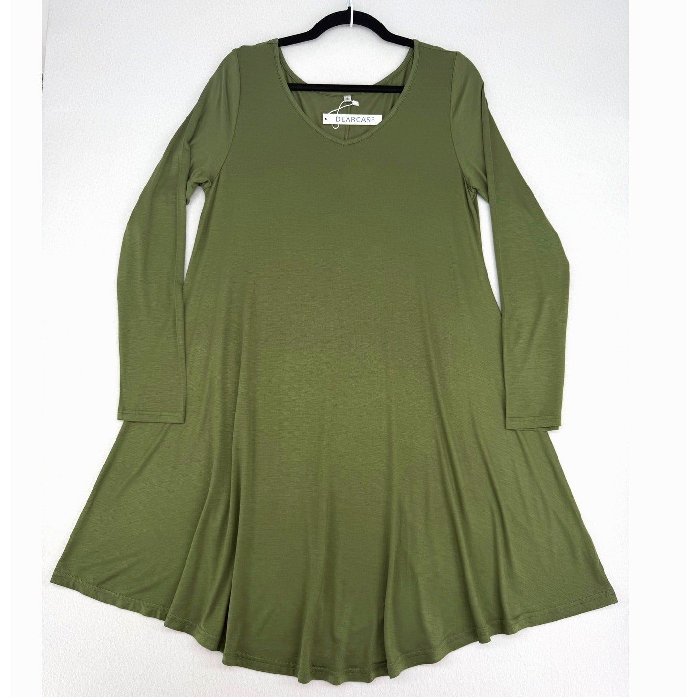 Dearcase Olive Green V Neck Jersey Knit T-shirt Long Sleeve Swing Dress NWT XL
