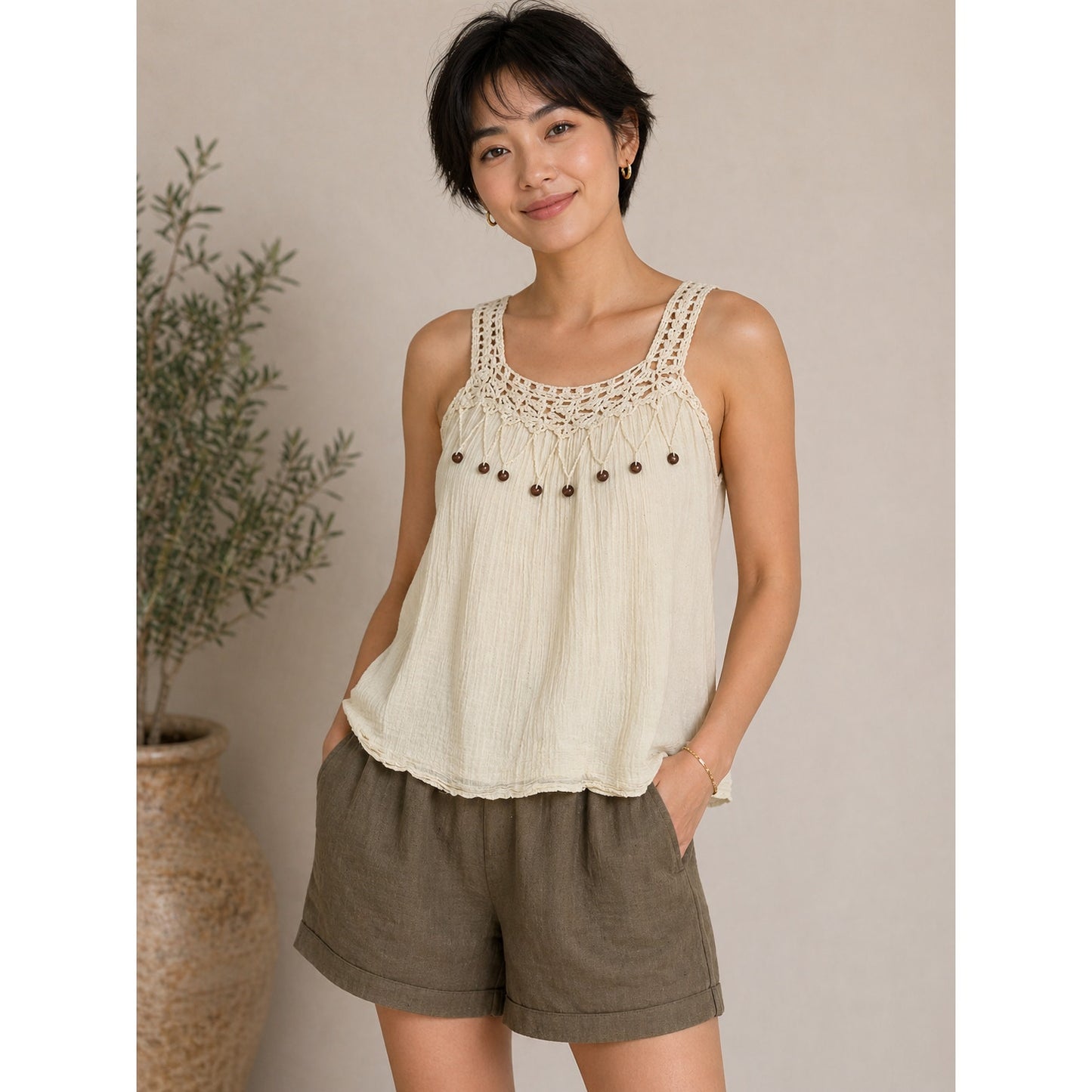 Cream Gauze Tank Top w/ Crochet Beaded Neckline Coastal Cowgirl Beachy Summer