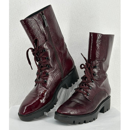 Donald J Pliner Elyas Burgundy Patent Leather Lugged Sole Moto Boots 7.5M
