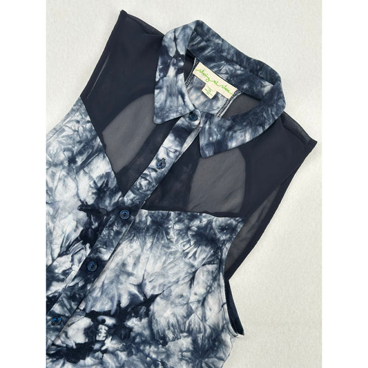 Staring At Stars Sleeveless Blue Tie-Dye Sheer Panel Button Top S