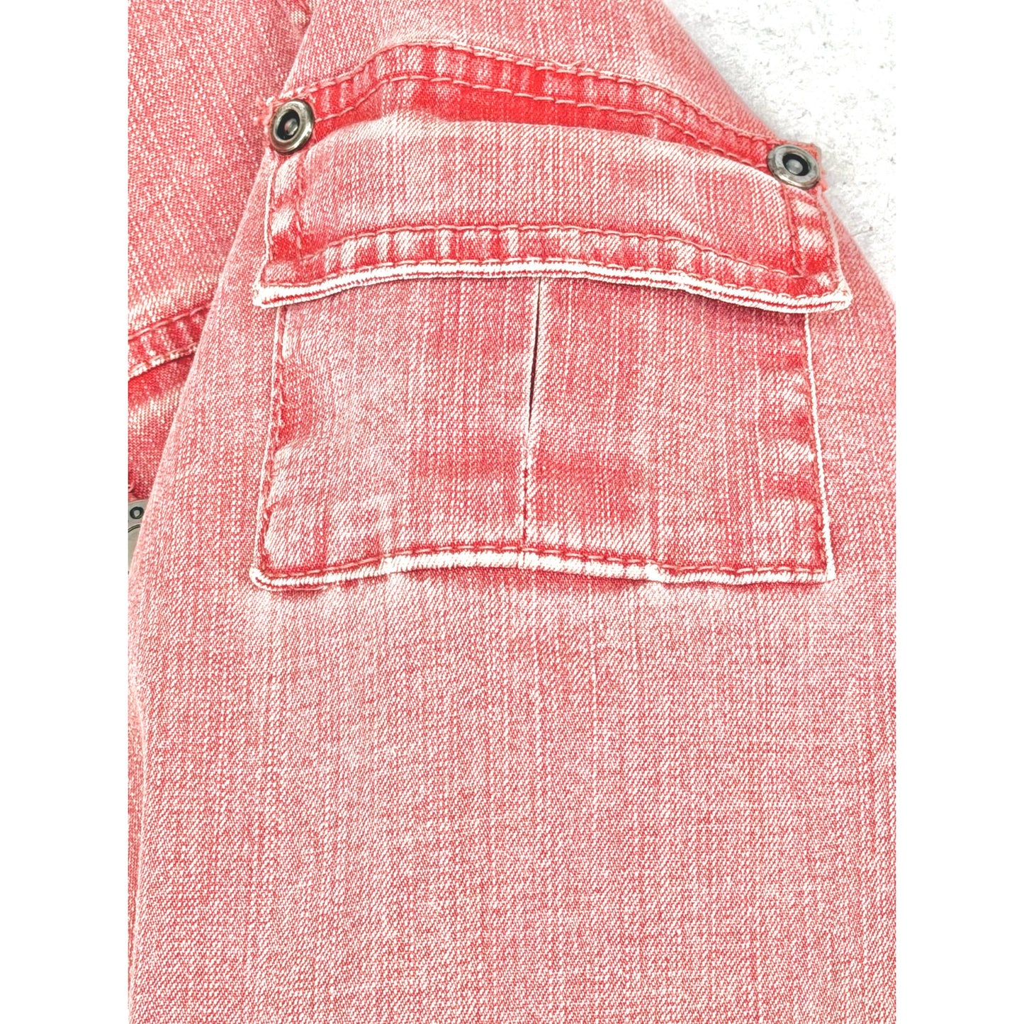 Chico's Red Coral Wash Stretch Open Front Jean Denim Trucker Jacket 0