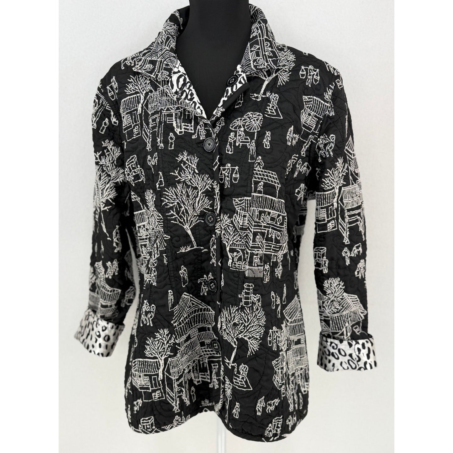 Chicos Pagoda Asian Black White Silk Blend Reversible Embroidered Jacket  4 XXL/20