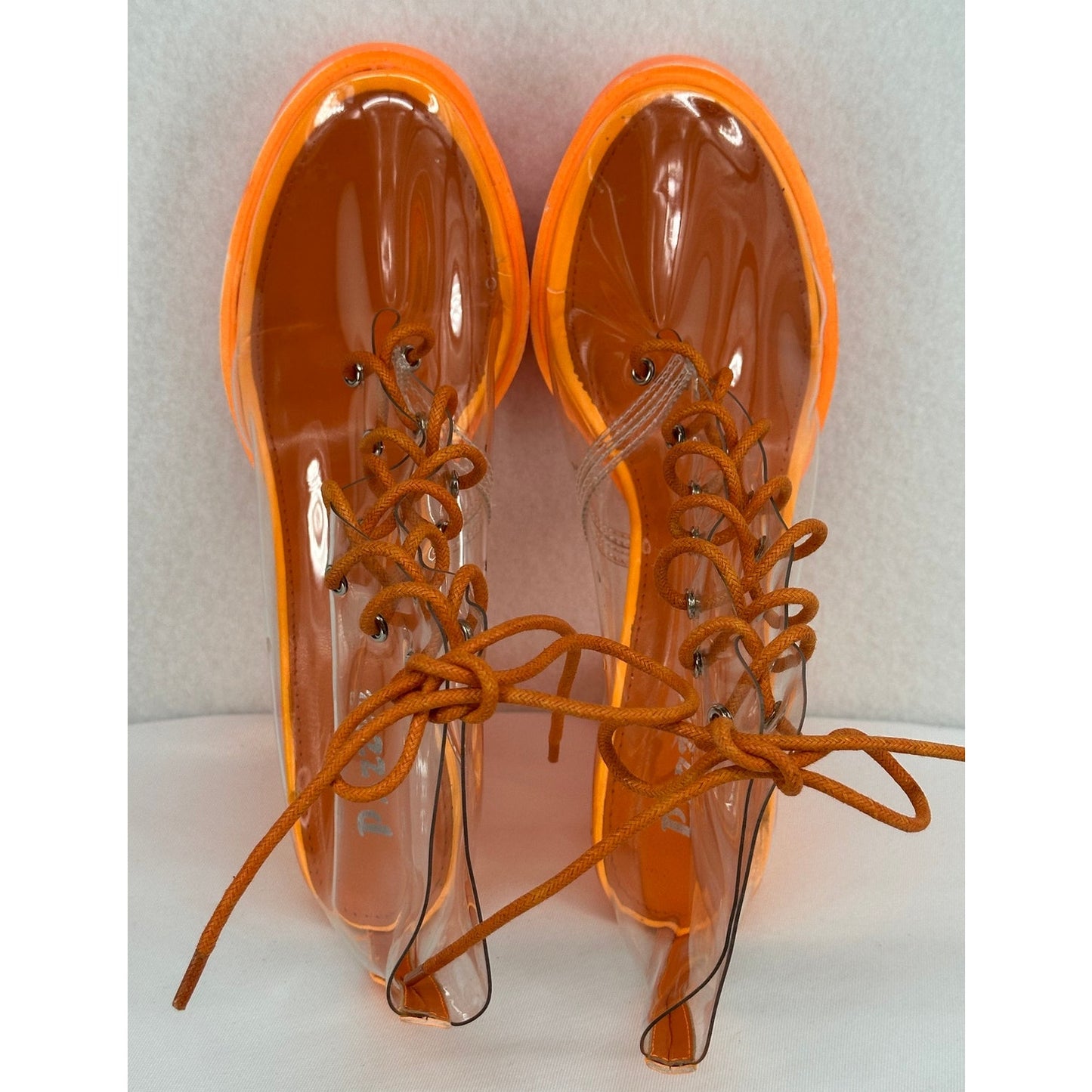 Pazzle Clear Lace Up Chunky Lug Neon Orange Sole Boots 9