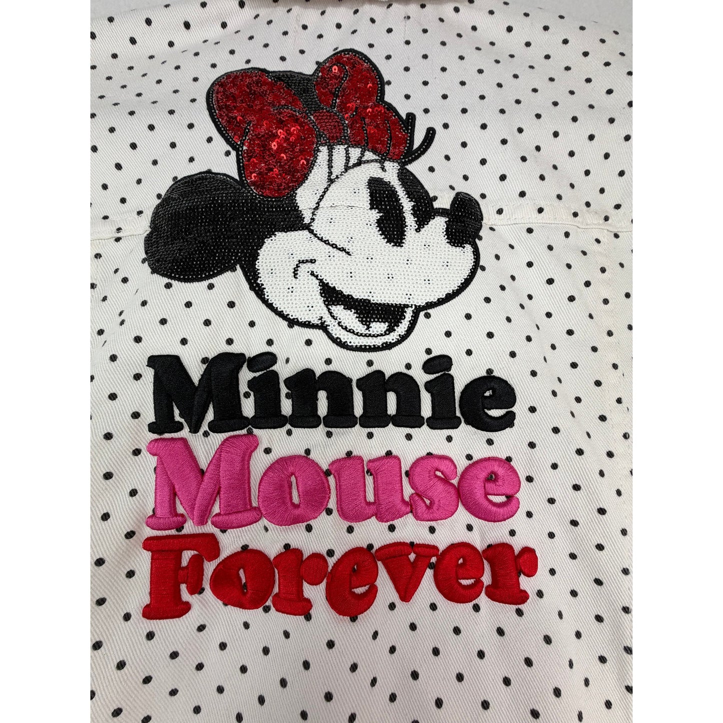 Disney Minnie Mouse Forever Polka Dot Denim Sequin Embroidered Jacket S