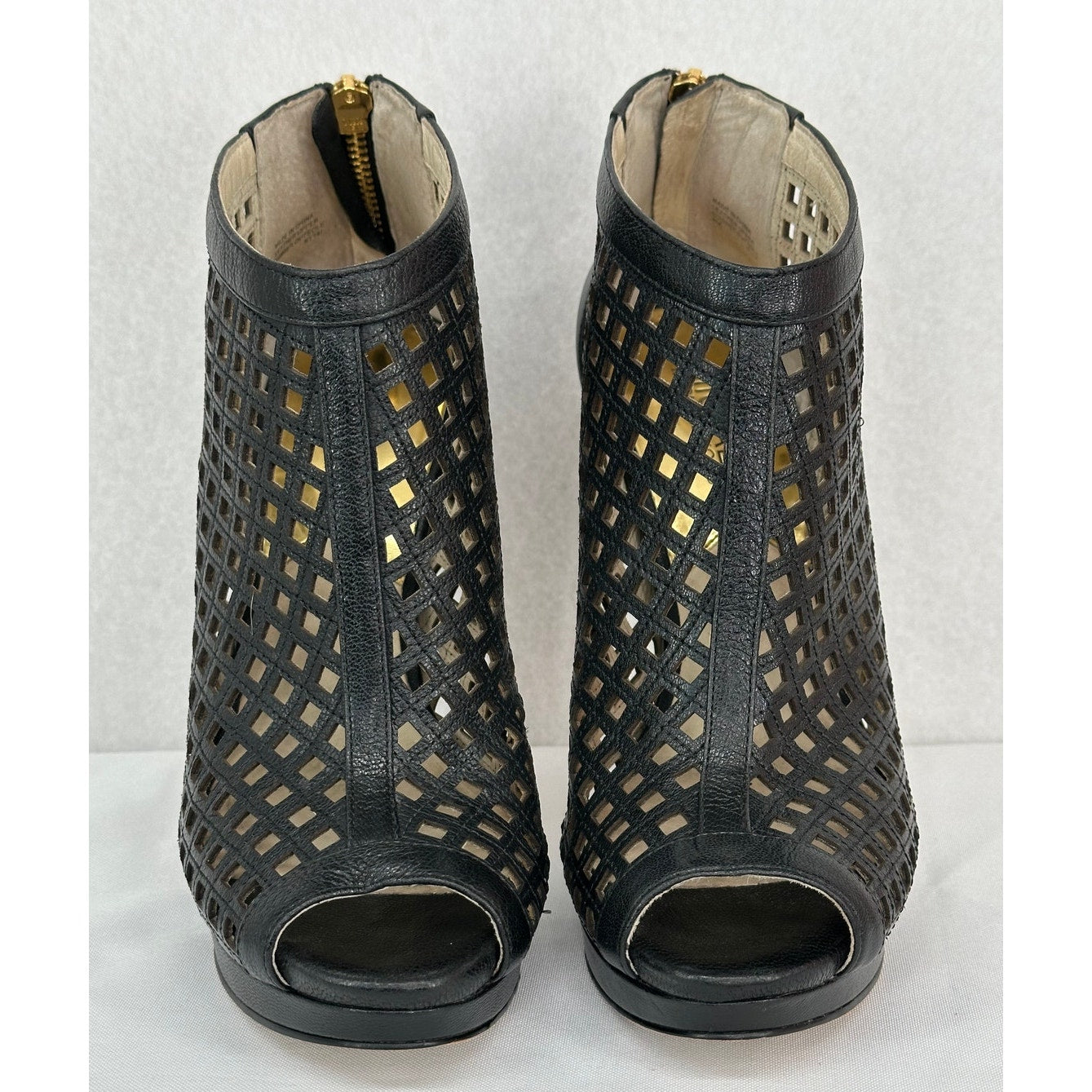 Michael Kors Black Gold Graham Peep Toe Perforated Leather 5" Heel Bootie 8M