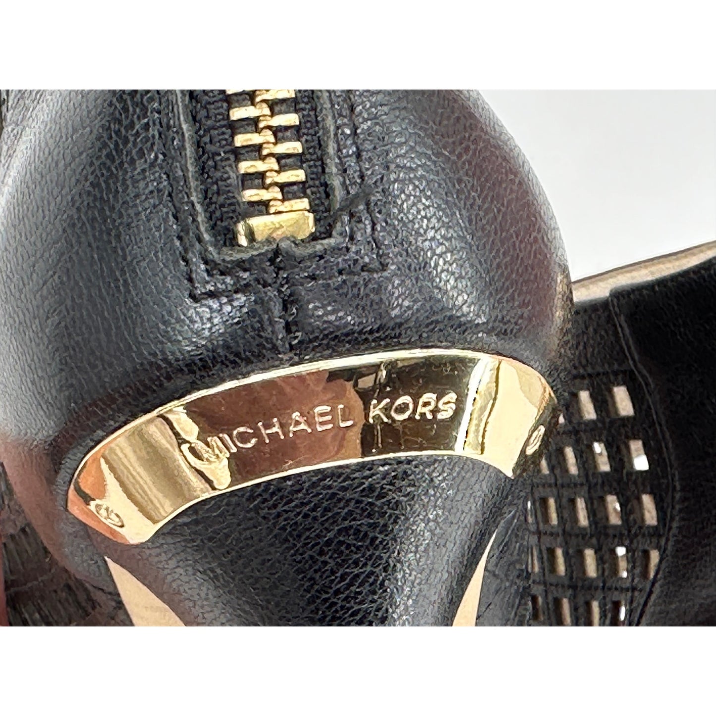 Michael Kors Black Gold Graham Peep Toe Perforated Leather 5" Heel Bootie 8M
