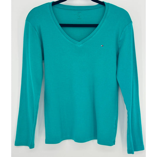 Tommy Hilfiger Teal V Neck Top Long Sleeve Top Large