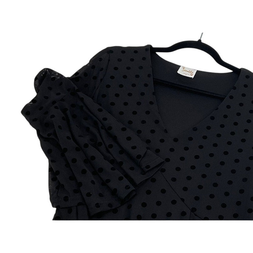 Siren Lily Black Polka Dot Long Flounce Sleeve V-Neck Lined Whimsy Dress L NWT