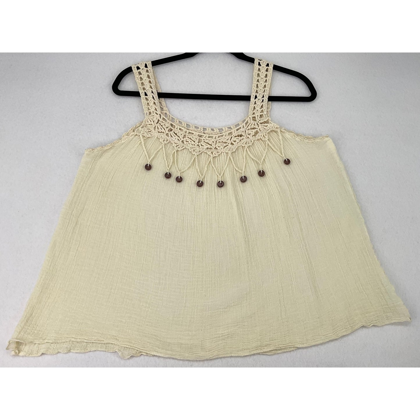 Cream Gauze Tank Top w/ Crochet Beaded Neckline Coastal Cowgirl Beachy Summer