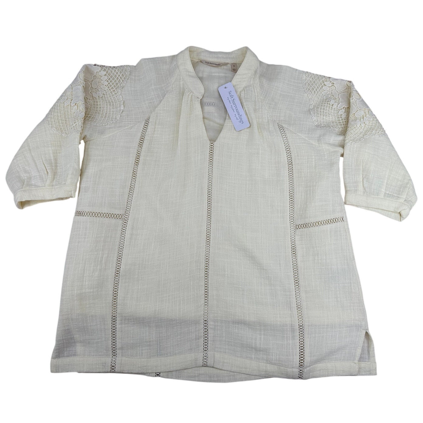 Soft Surroundings Peasant Blouse Top Crochet Sleeve Gauze Lined Boho NWT PL