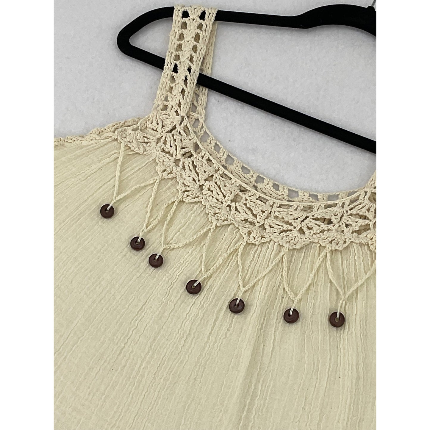 Cream Gauze Tank Top w/ Crochet Beaded Neckline Coastal Cowgirl Beachy Summer