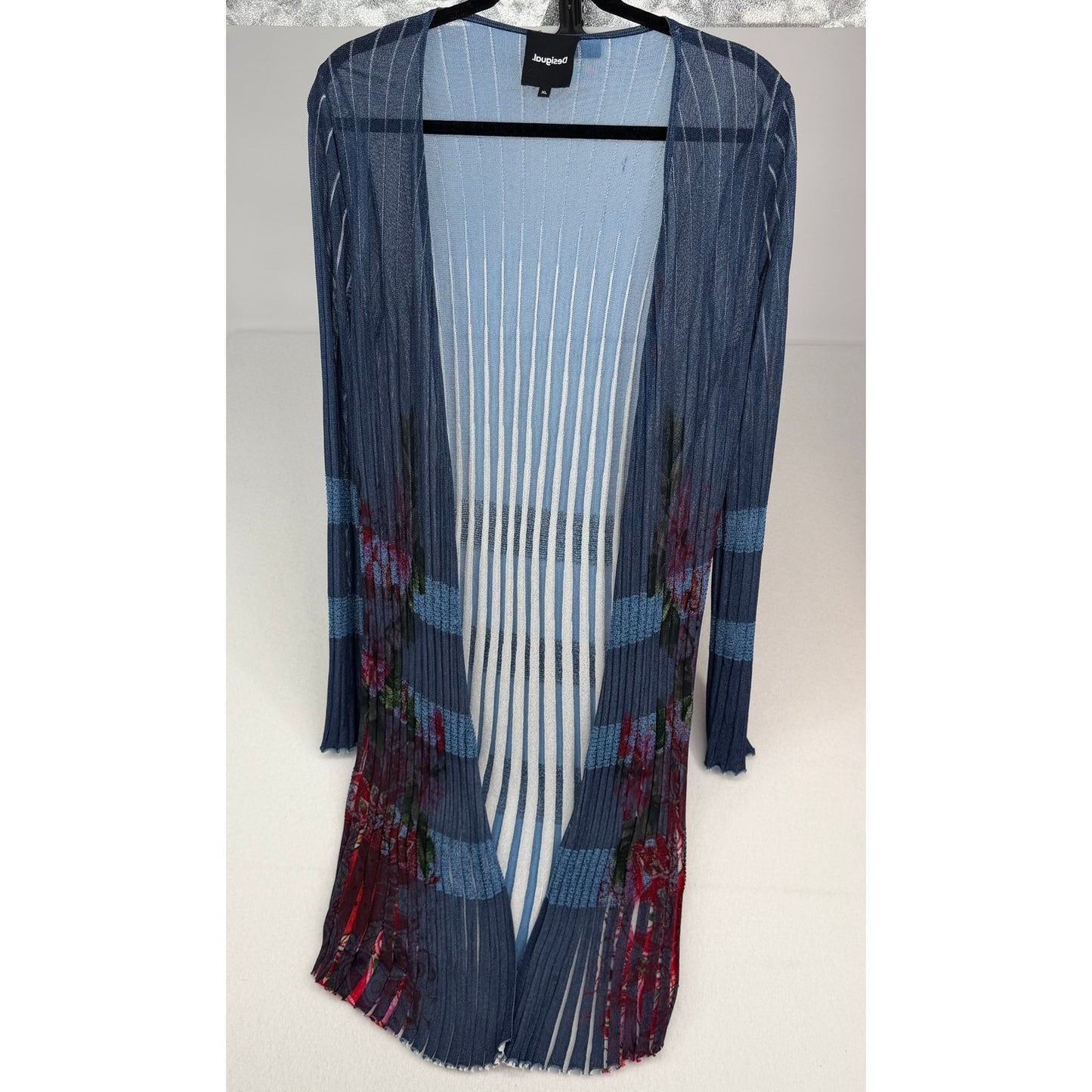 Desigual Blue Red White Pleated Open Front Cardigan Lightweight Sweater XL